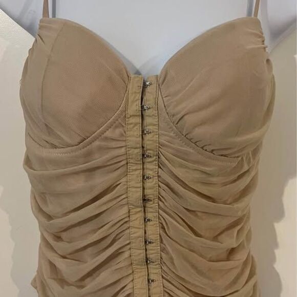 Unbranded Tops - Moa Moa Ruched Mesh Bustier Corset Top Beige Tan Hook & Eye Y2K Fairycore XL
